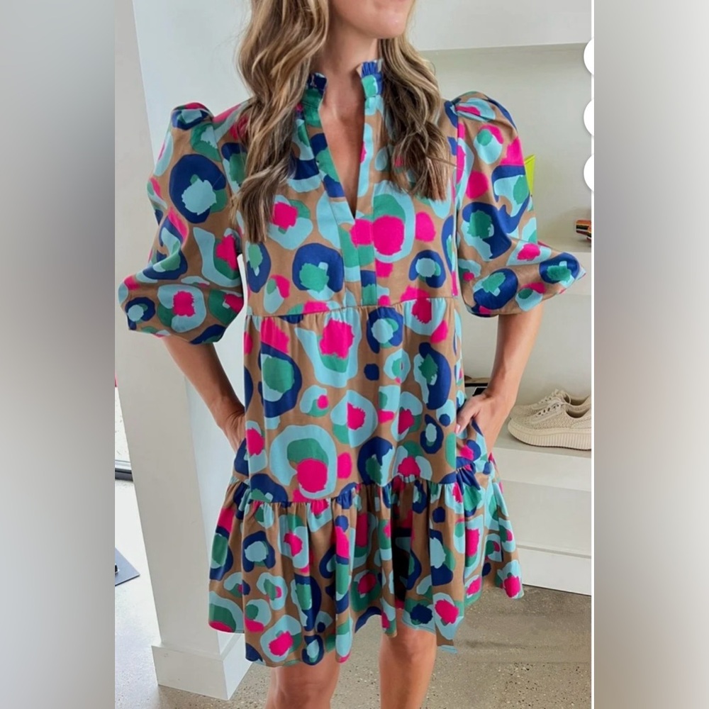Colorful Puff Sleeve Mini Dress